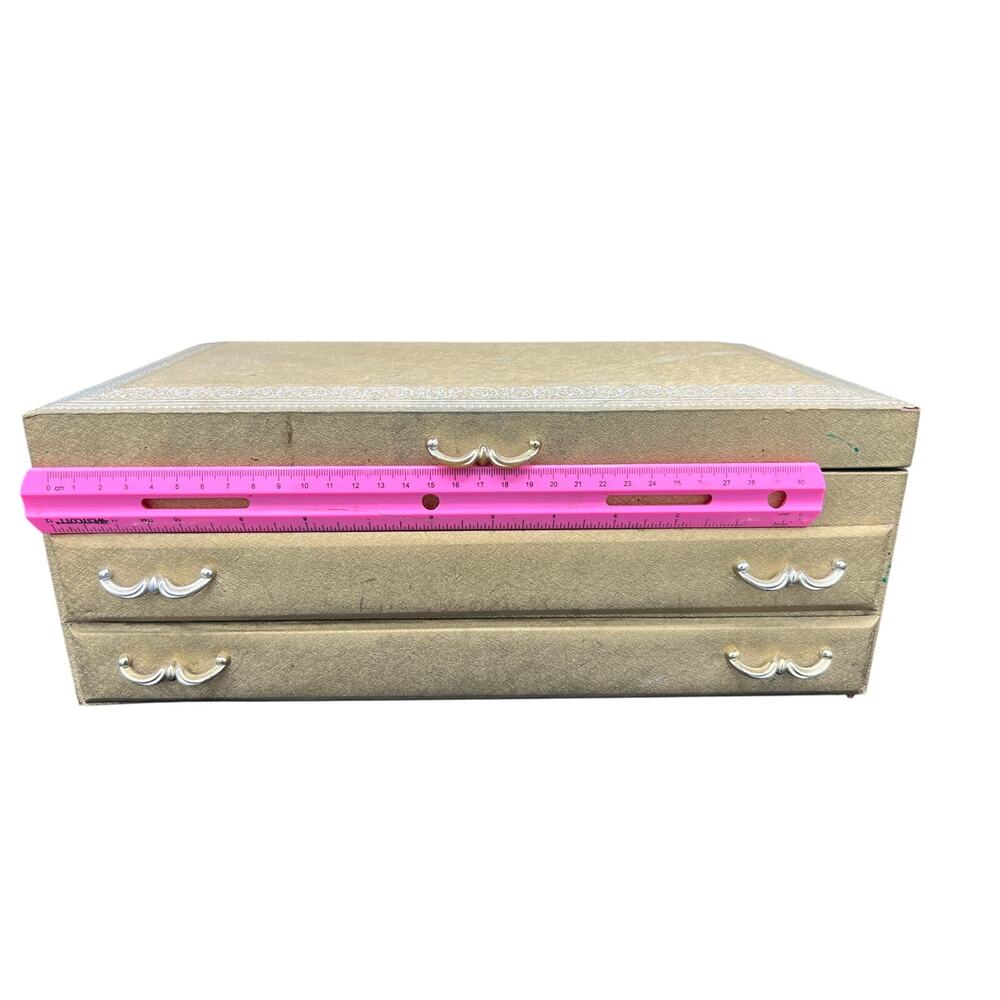 ✨ Vintage Gold Brocade Jewelry Box Mirror 3 Drawer Ring Organizer Vanity Storage - Picture 14 of 16